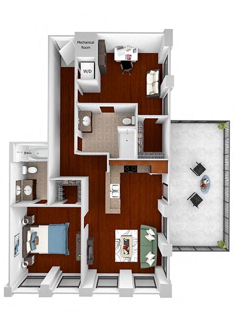 Main 3 Downtown floor plan B1 Flats  - 2 bed 2 bath - 3D